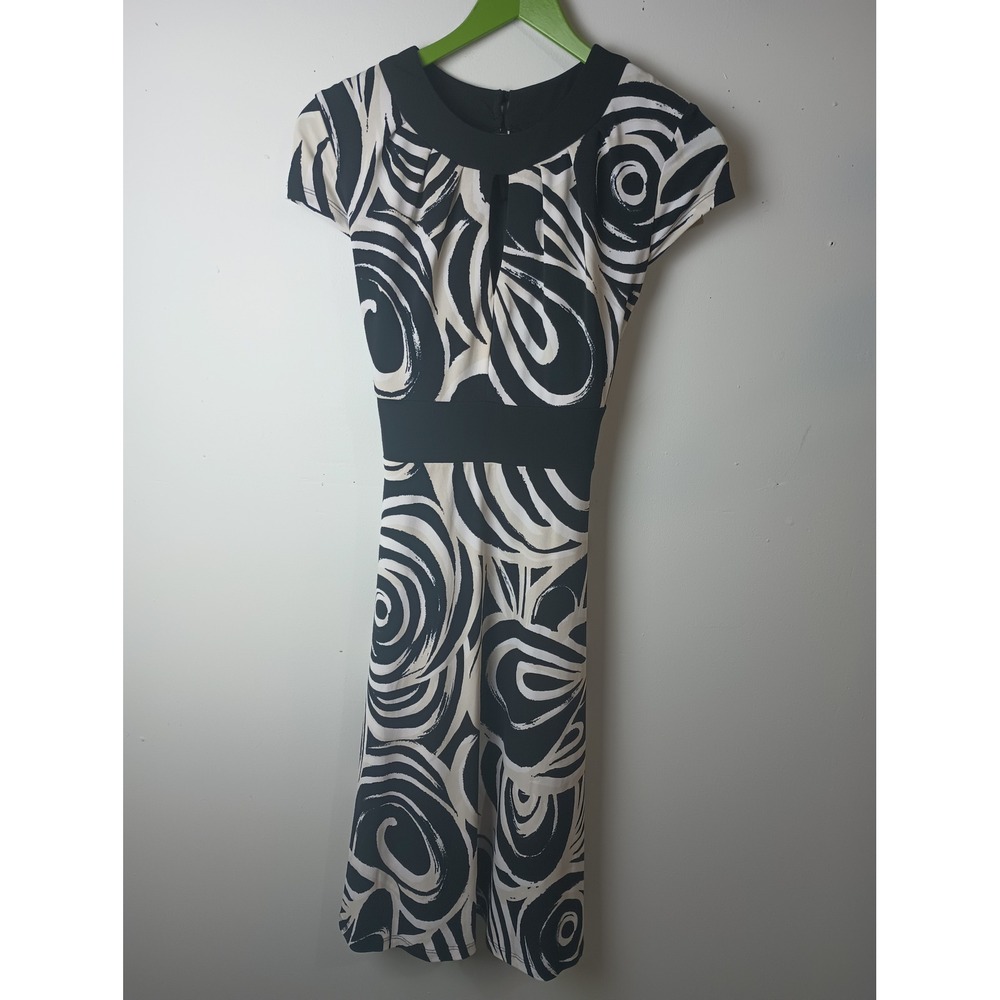 SL Fashions Black Cream Abstract Swirl Keyhole Midi Dress Vintage Y2K Goth 6